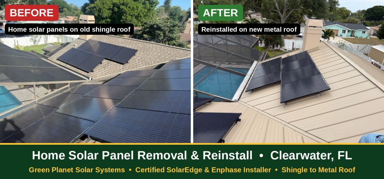 Home solar panel removal and reinstall in Clearwater, FL - whole home solar panels moved from shingle to new metal roof