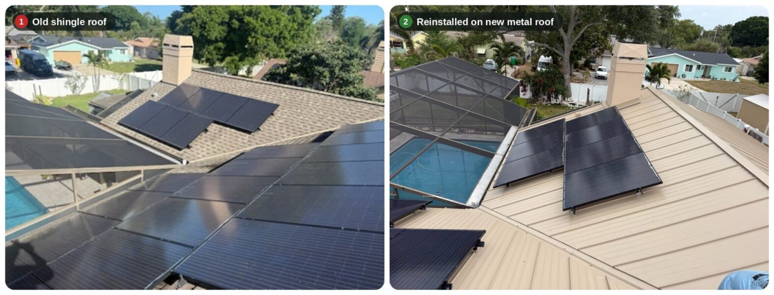 Home solar panel removal and reinstall (detach and reset) in Clearwater, FL - whole home solar panels moved from shingle to new metal roof