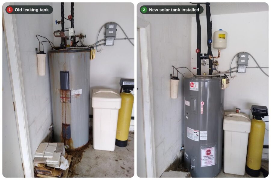 Solar hot water tank replacement in Largo, FL - old leaking solar water heater tank replaced with new solar hot water tank
