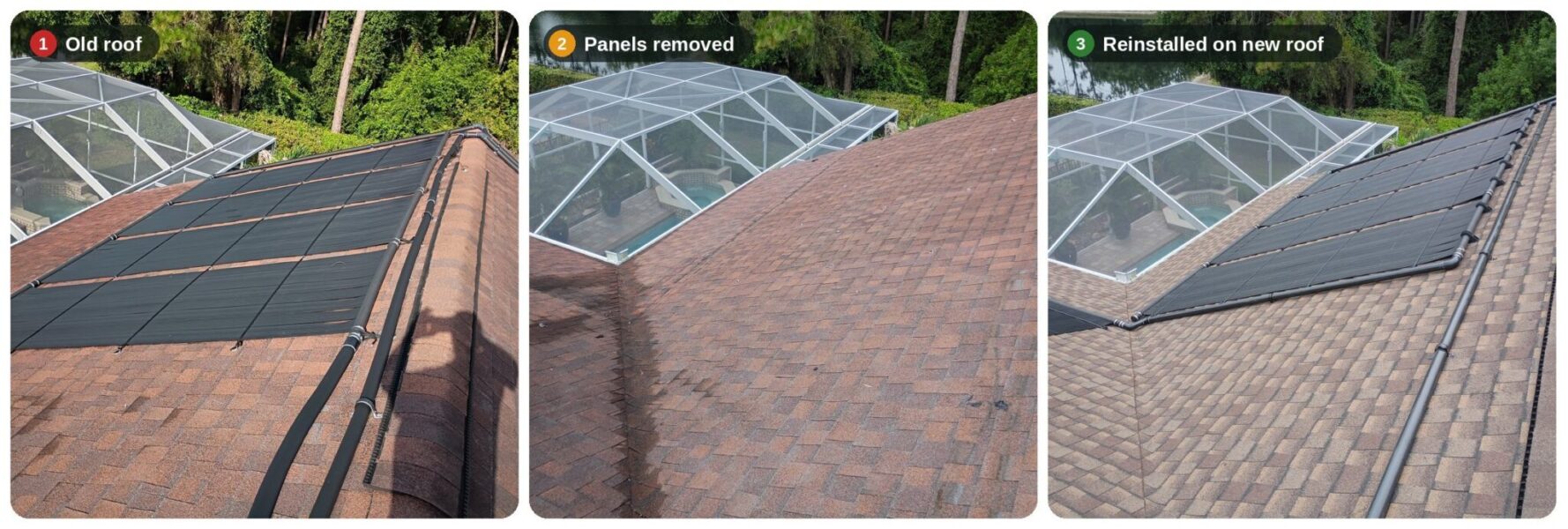 Solar pool heater panel (solar pool panels) removal and reinstall in Palm Harbor, FL - old roof, panels removed, reinstalled on new shingle roof